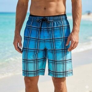 ZeroXposur Mens Blue Plaid Swim Trunks Board Shorts Size Large NWT Quick Dry